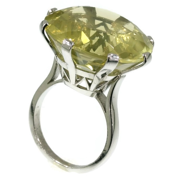 French platinum Art Deco one stone ring with humongous 37 carats lemon citrine